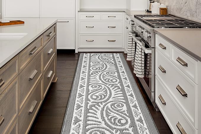 Custom Length Cut to Size Tribal Ethnic Southwestern Inspired Hallway Runner Rug, Non Slip Rubber Backed, 31 inch Wide X Customized Length, Mayan Grey, 31 inch X 8 feet