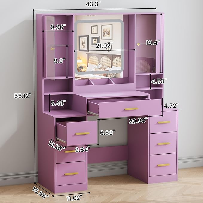 Vanity Desk with Mirror and Lights, Makeup Vanity with 7 Drawers, 2 Glass Door Cabinets, Charging Station, Adjustable Shelves, RGB Lighting, Hair Dryer Holder
