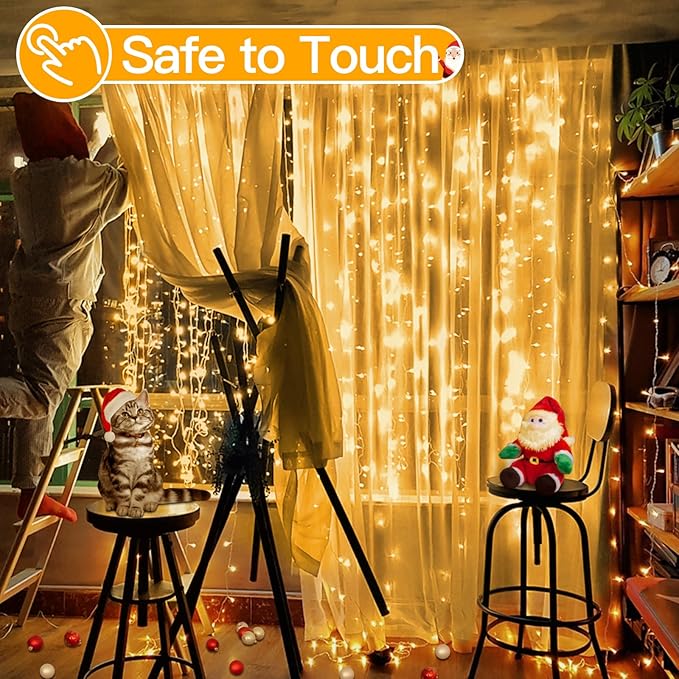 Ollny Christmas Curtain Lights 300 LED 9.8 FTx9.8 FT, Outdoor Waterproof Curtain String Lights with Remote Timer 8 Modes, USB Waterfall Window Lights for Wall Backdrop Home Decorations (Warm White)