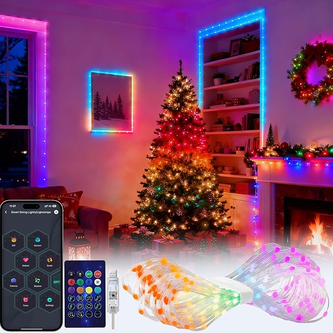 Smart Fairy String Lights, 33Ft DIY Twinkle Lights USB Port, Multicolor Warm White, App/Remote Control, 12 Modes &Music Sync for Bedroom,Party, Halloween, Indoor Christmas Tree Decor
