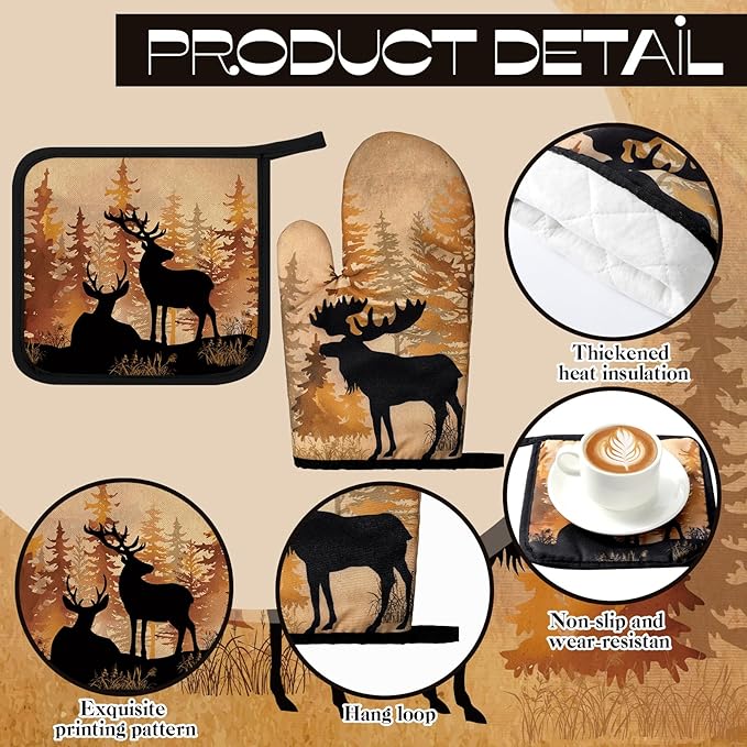 Fourluoo 10 Pcs Farmhouse Kitchen Decor Set 4 Brown Bear Kitchen Towels 2 Forest Wild Animal Pot Holders 2 Rustic Deer Oven Mitts 2 Vintage Forest Wildlife Rug for Cooking Baking Mom Housewarming Gift
