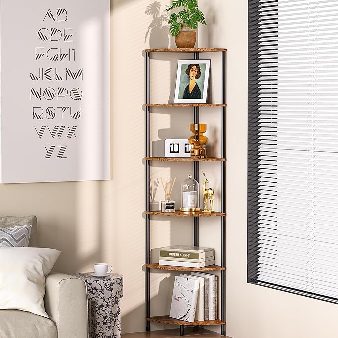 Corner Plant Stand Shelf, 6 Tier Tall Shelf for Indoor Plants, Rustic Brown Corner Bookshelf Wall Decor Living Room, 54.4" Display Shelves for Bedroom, Bathroom, Small Space