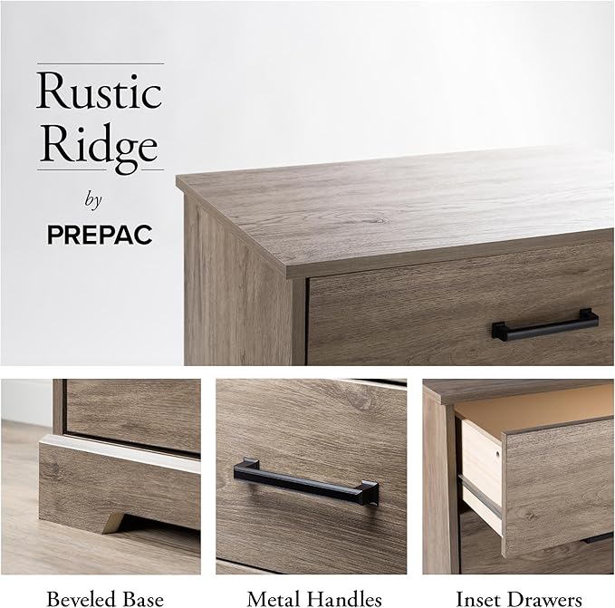 Prepac Rustic Ridge Farmhouse Nightstand Bedside Table, Brown Nightstand for Bedroom, End Table with 2 Drawers and Open Shelf 16.25"D x 18.75"W x 24.5"H