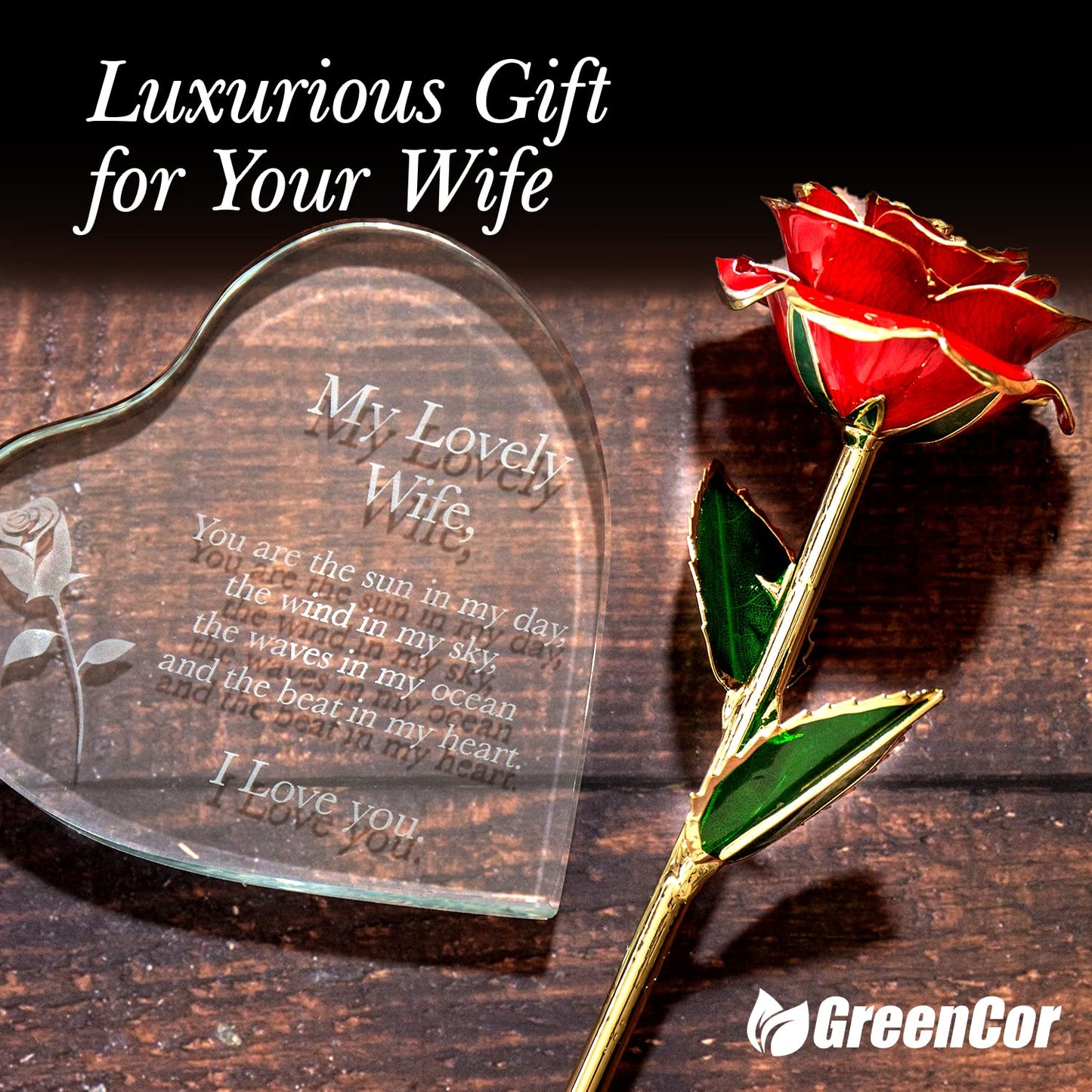 GreenCor Anniversary for Wife Engraved Wooden Gift Set 'To My Beautiful Wife' Includes Crystal Engraved Heart 24K Gold Dipped Rose for Birthday Gifts