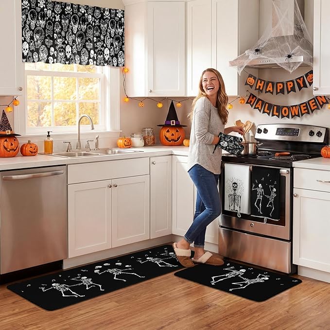 Fourluoo 16 Pcs Halloween Kitchen Decor and Accessories Set Black Skeleton Kitchen Towels and Dishcloths Non Slip Rugs Mats Oven Mitts and Pot Holders Scary Curtains Set for Home Decoration Gift