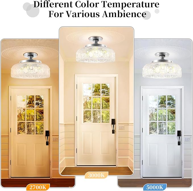 Lamomo Semi Flush Mount Ceiling Light,Upgraded Larger Silver Hallway Light Fixture,3-Bulb Globe Glass Close to Ceiling Scone, Indoor Hanging Light for Bedroom Kitchen Porch Hallway,Bulbs Not Included