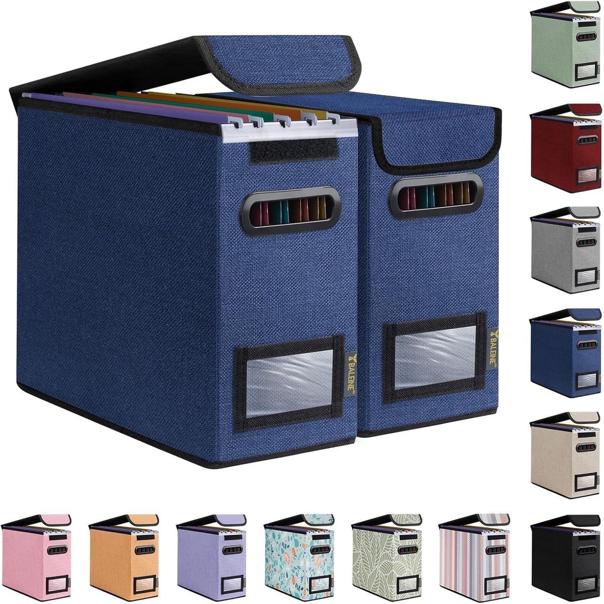 BALEINE File Organizer Box with Lid, Collapsible File Folder Organizer with Plastic Slide, Hanging File Folder Box for Office Document Storage (2 Pack, Blue, S)