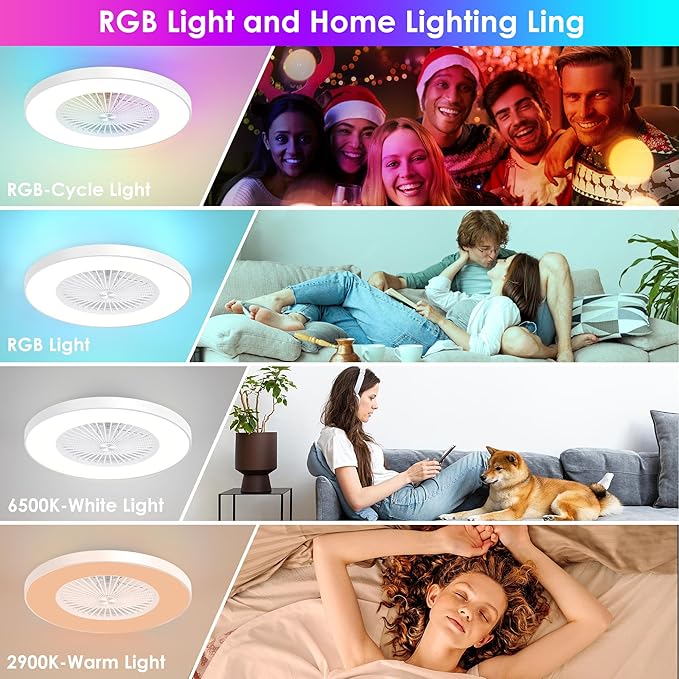 24" RGB Bladeless Ceiling Fan with Light, Low Profile Ceiling Fan with APP/Voice/Remote Control, 6-Speed Quiet DC Motor, Dimmable Color Changing LED, White