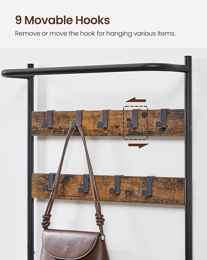 VASAGLE Hall Tree with Bench and Shoe Storage, Entryway Bench with Coat Rack Stand and Shoe Rack, 9 Movable Hooks, Top Bar, Fabric Shelves, Industrial, Rustic Brown and Black UHSR411B01