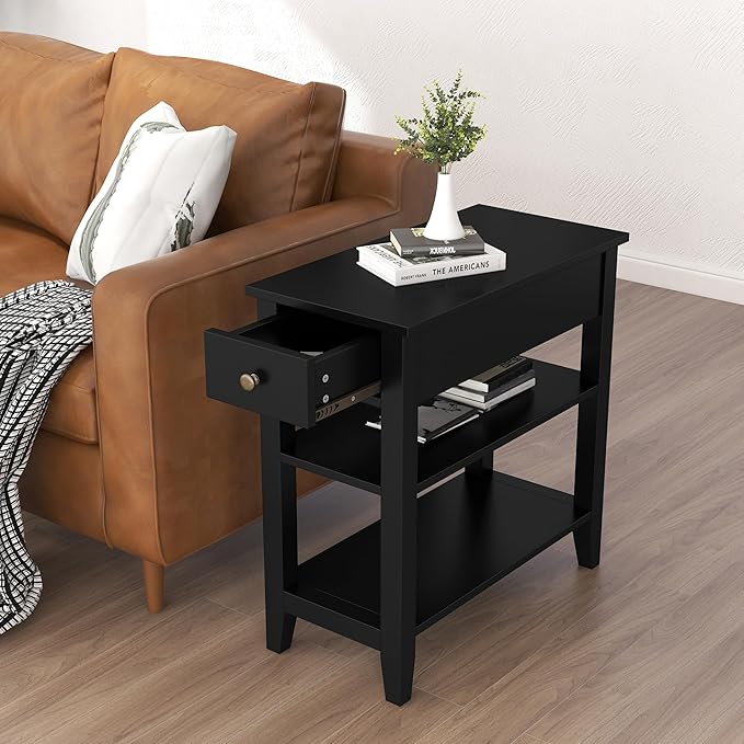 ChooChoo Side Table Living Room Set of 2, Narrow End Table with Drawer and Shelf, 3-Tier Sofa End Table for Small Space