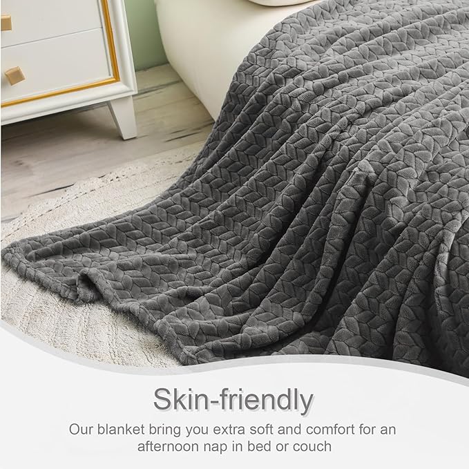 Exclusivo Mezcla Fleece Queen Size Blanket for Bed, 90x90 Inches Soft Cozy Jacquard Flannel Blankets, Lightweight Fuzzy Plush Warm for Winter, Dark Grey