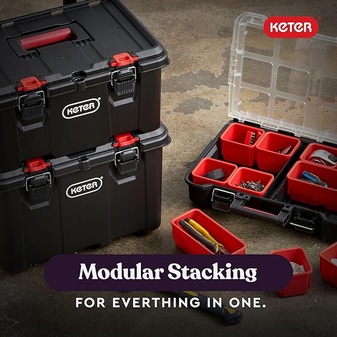 Keter Stack-n-Roll Modular Tools Organizer for Garage Storage and DIY, 3 Piece Resin Rolling Tool Box System for Small Parts, Black