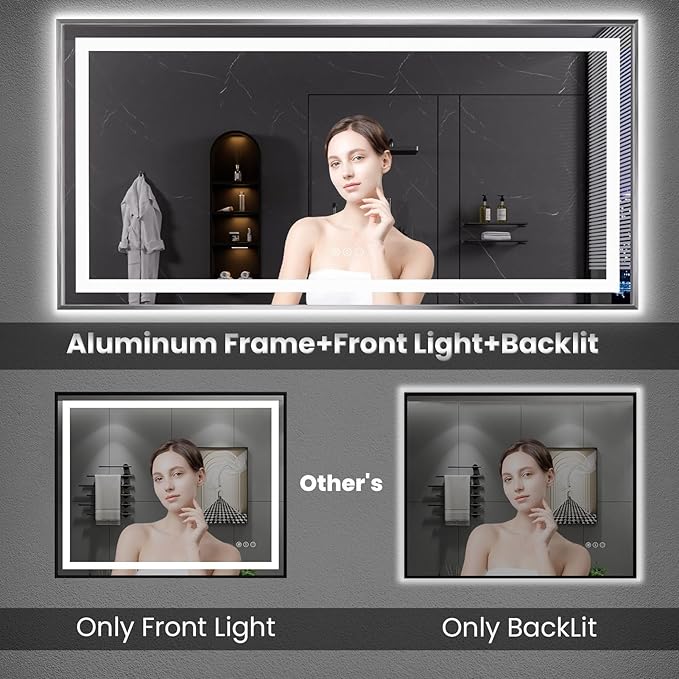 Amorho 72"x 36" LED Bathroom Mirror, Brushed Nickel Framed Mirror with Front Light and Backlit, Stepless Dimmable, Anti-Fog, Shatter-Proof, Memory, 3 Colors