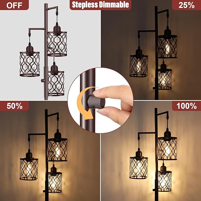 68" Farmhouse Floor lamp, Dimmable Industrial Floor Lamps for Living Room, 3 Light Rustic Standing Tall Lamp Including 3 PCS 6W E26 Bulbs, Tree Floor Lamp for Bedrooms Room, Office, Bar, Brown