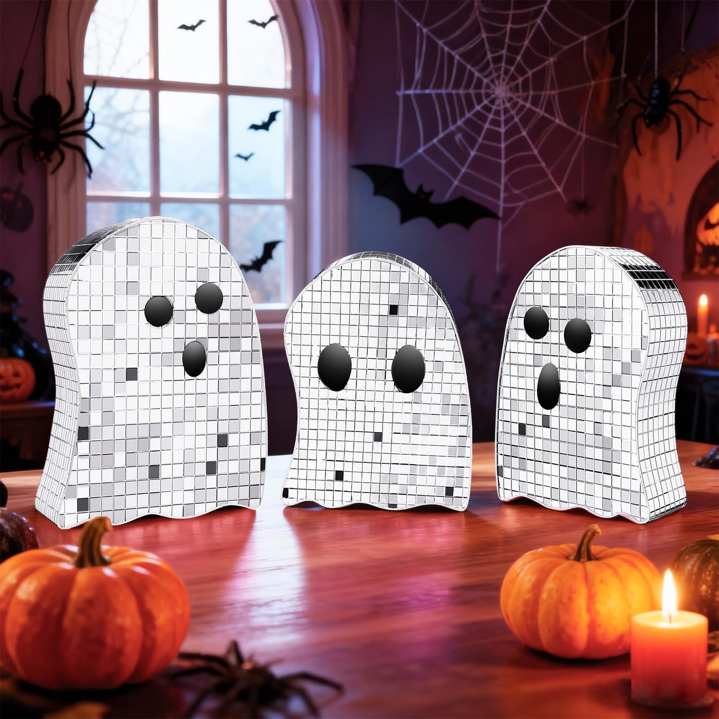 3 Pcs Halloween Disco Ghost Decor,5.9" 7"" 8.2"" Ghost Mirror Disco Ball Indoor Glitter Spooky Ghost Sign Halloween Tiered Tray Decor Mosaic Table Centerpiece for Party Gift (Silver)"
