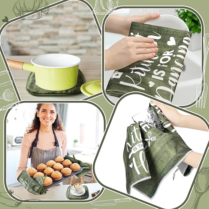 10 Pcs Farmhouse Kitchen Decor and Accessories Set 4 Kitchen Towels 2 Pot Holders 2 Oven Mitts 2 Rugs for Cooking Baking Mom Housewarming Gifts(Sage Green,Classic Style)