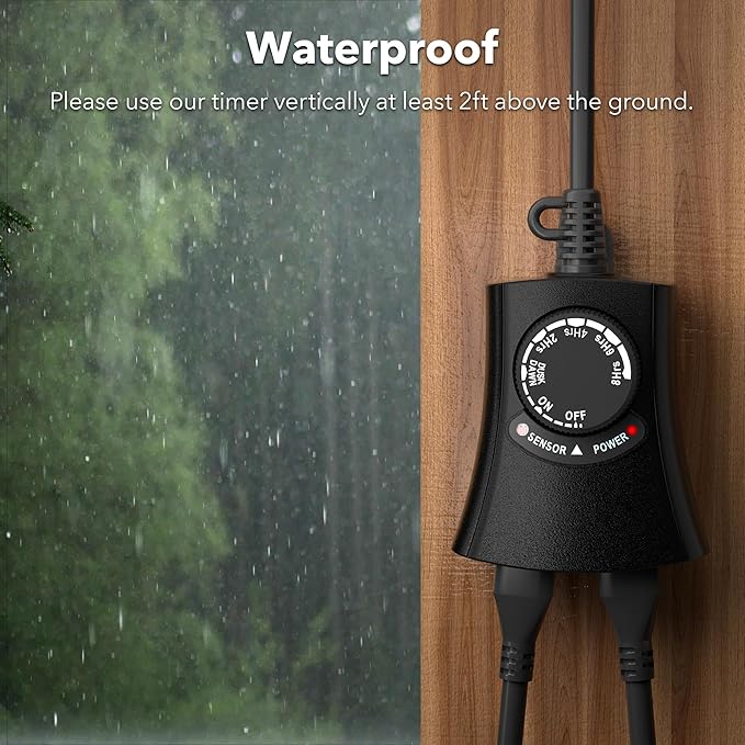 HBN Outdoor Light Timer Waterproof, Weatherproof Photocell Dusk to Dawn Light Sensor, 2/4/6/8 Countdown Timer, 2 Grounded Outlet for Christmas Lights，Hallowen Deceration，1875W 15A 1/2HP