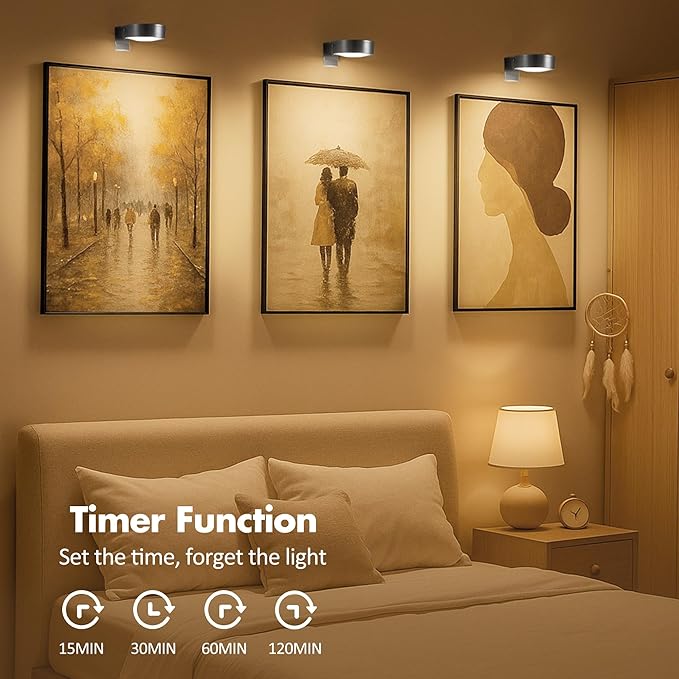6Pcs Picture Lights for Wall Battery Operated, Magnetic Led Painting Light with Remote Dimmable and Timer, 3 Lighting Modes Art Display Light for Picture Frame, Wireless Wall Decor Puck Lights, Black