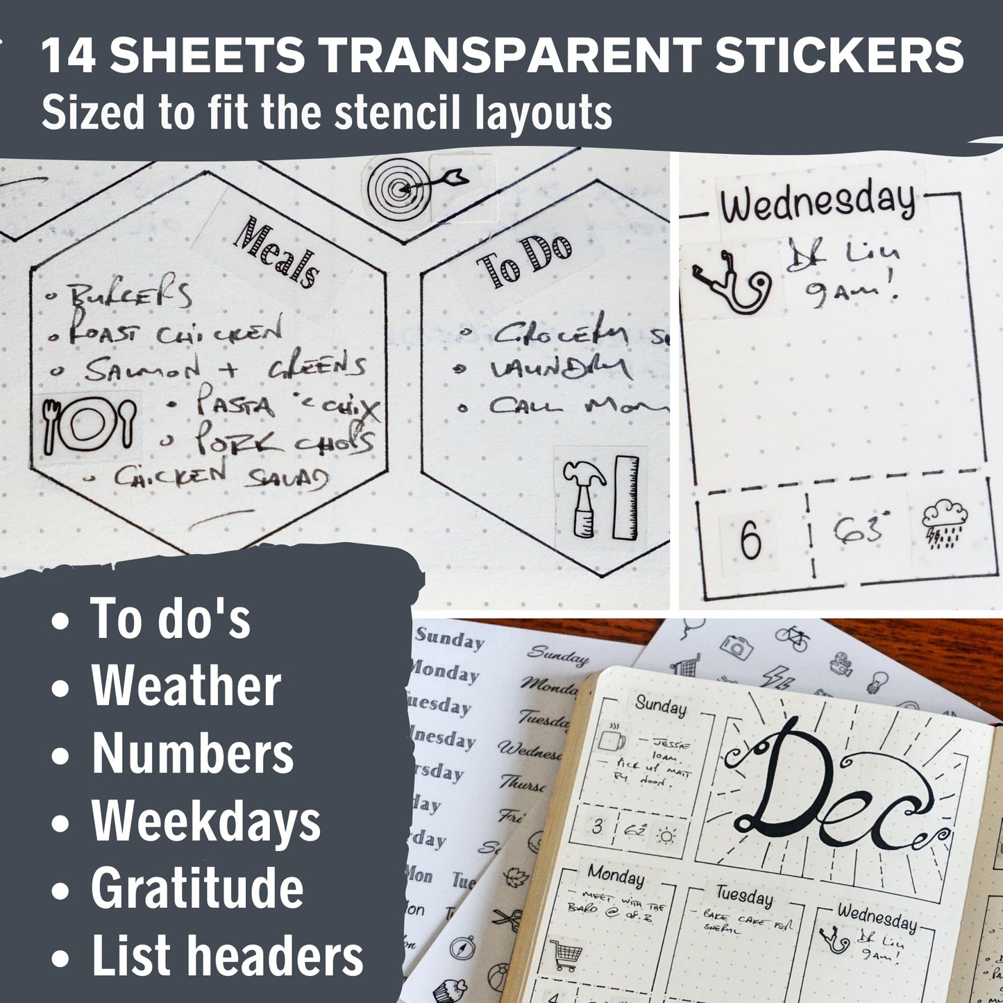 Weekly Planner Layout Journaling Supplies Kit (32 pcs) - 18 Weekly Layout A5 Planner Stencils and 14 Sheets Minimalist Planner Stickers, Planner Accessories Compatible with A5 Bullet Journals