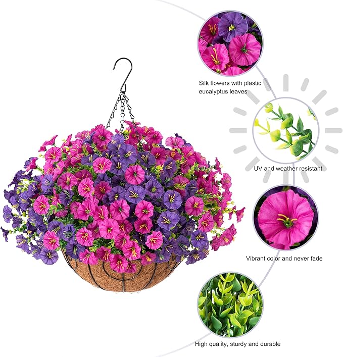 Artificial Fake Hanging Flowers Plants Baskets for Outdoor Decoration, Faux Silk Morning Glory in Planter UV Resistant Realistic for Outside Porch Patio Balcony Garden Yard Home Decor