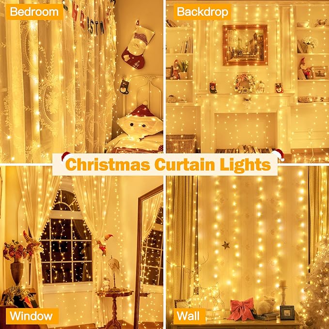 Ollny Silver Copper Wire Fairy Lights Curtain 200 LED 6.6x6.6ft, USB Warm White Curtain Lights with Hook, Waterproof Window Light for Bedroom Backdrop Wall Outdoor Indoor Decorations