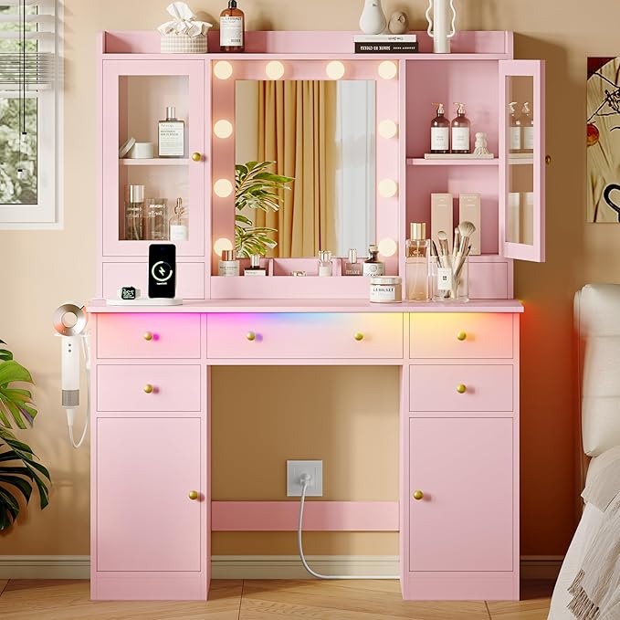 Makeup Vanity Desk with Mirror and Lights, Pink Vanity Table Set with Storage Drawers, Charging Station & Cabinets, Large Dressing Table with RGB Ambient Light for Women Girls Bedroom Bathroom