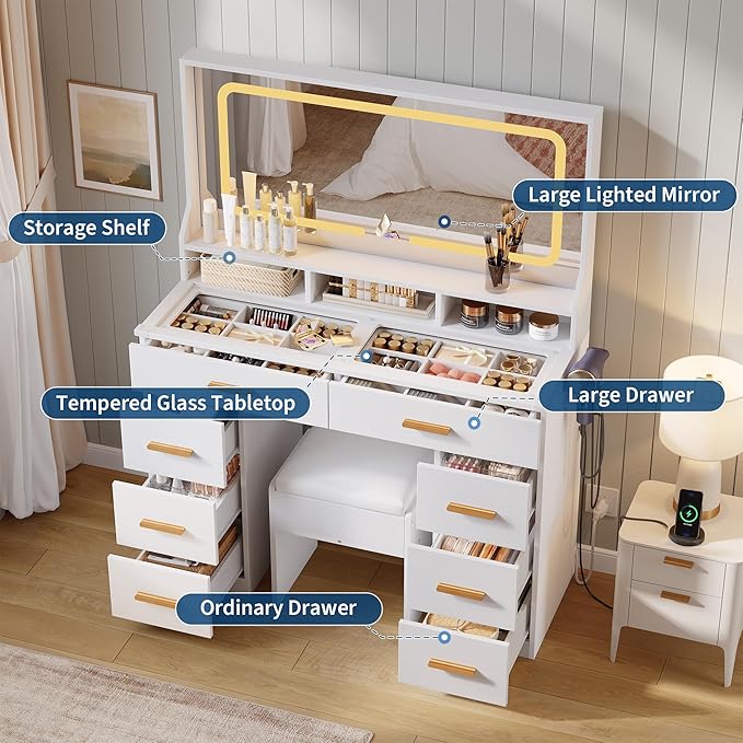 IDEALHOUSE Vanity Desk with Mirror and Lights, Makeup Table with Glass Top & 8 Drawers, 3-Color LED Mirror, Power Outlets & USB, Hair Dryer Holder, Stool Included, Dressing Table Set for Bedroom