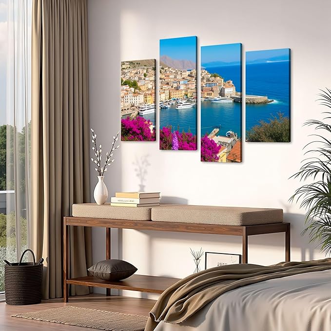 Canvas Wall Art Prints Pictures Symi town cityscape Dodecanese islands Greece Framed Posters Modern Wall Painting Artwork Gift Home Decor for Living Room Ready to Hang 4 Panel