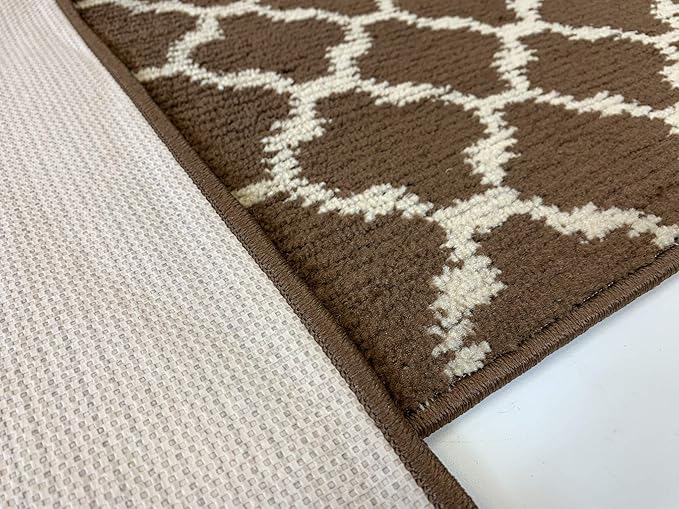 Custom Size Cut to Length Moroccan Trellis Design Runner Rug Mat For Wide Long Hallways with Non-Slip Rubber Backing, Better Traction for Pets, Prevent Slippage, Trellis Brown, 31 inch X 11 feet