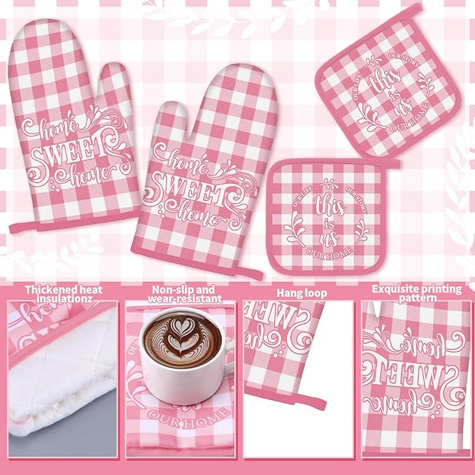 Fourluoo 10 Pcs Kitchen Set Kitchen Towels and Rugs Oven Mitts and Pot Holders Farmhouse Decor for Women Mom Gift Cooking Baking Grilling(Pink White)