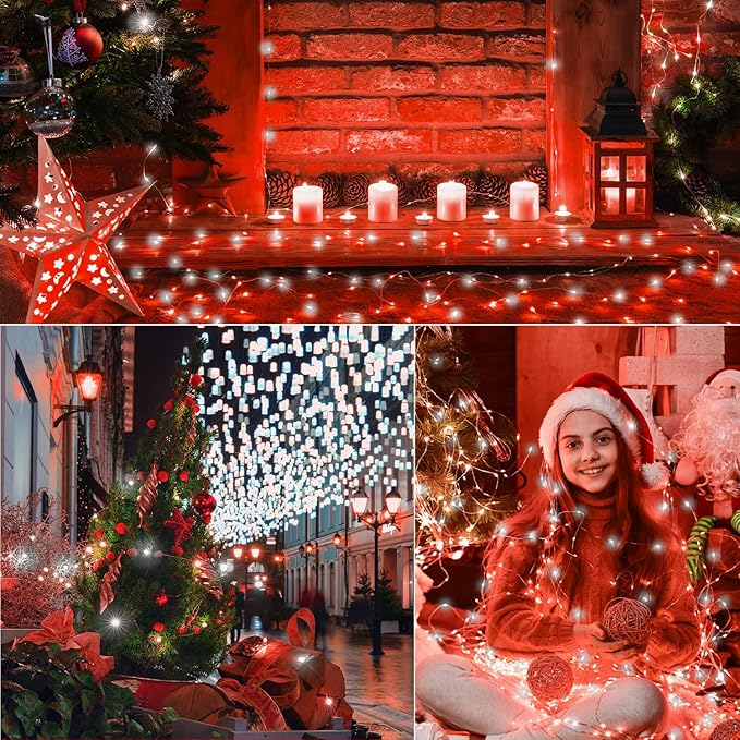 LAMPHOME 100LED String Light, Fairy Lights Battery Operated, Remote Control Timer Twinkle String Lights 8 Modes Firefly Lights for Garden Party Indoor Decor (White+Red)