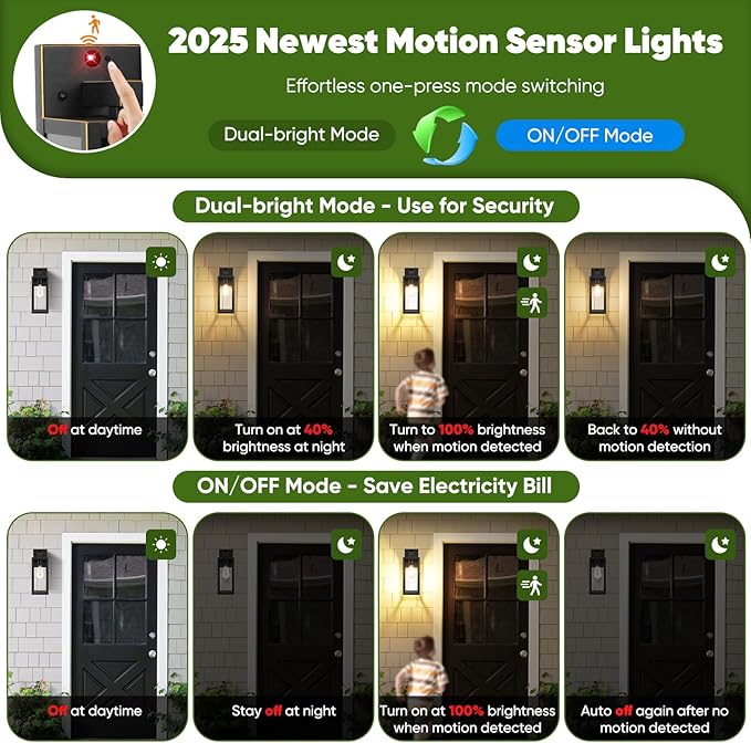 Upgraded Motion Sensor Outdoor Wall Light, Large Size Dusk to Dawn Porch Light Outdoor Wall Sconce Lantern, 3 Lighting Modes Exterior Lighting Fixture Wall Mount, Bronze Outside Light for House Garage