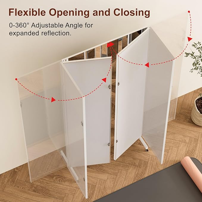 brisafe NanoMirror Non-Glass Ultra-Light Foldable Home Gym on Wheels, 71"x71" Extra Large Full Body Unbreakable Shatterproof Mirror, 360° Swivel for Yoga, Dance, Fitness Studio & Home Gym, White