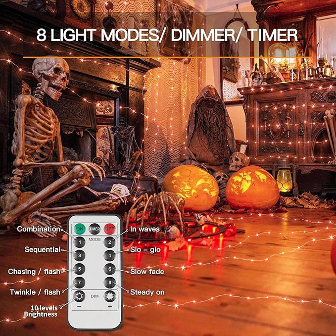 suddus Orange Halloween Fairy Lights Battery Operated, 66ft 200 LED Copper Wire Twinkle Lights Waterproof, String Lights with Remote for Bedroom, Party, Yard, Door, Garland, Tree Decorations