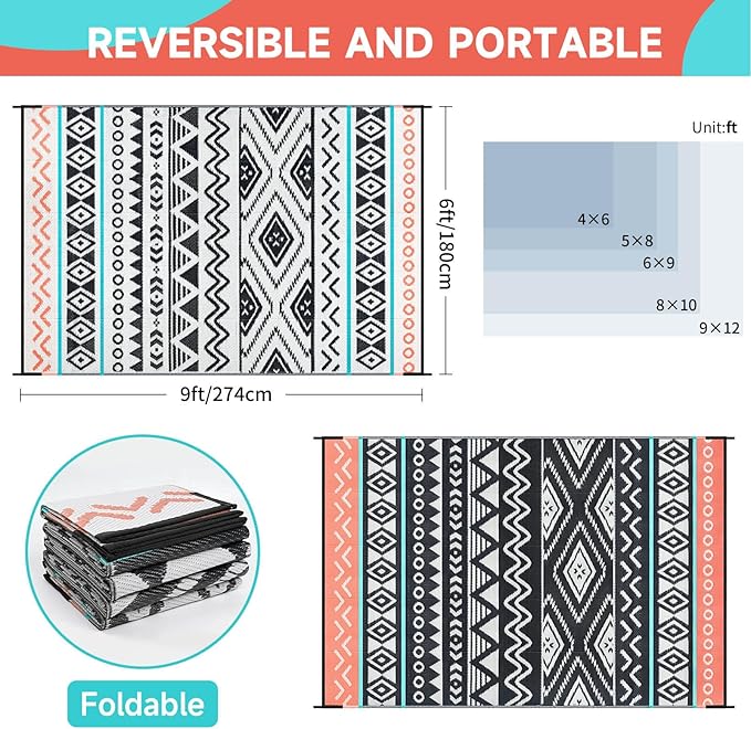 Outdoor Rugs Patio Camping Waterproof - 6x9 Plastic Straw Patio Rug Portable for Campers, Outside RVs Mat, Outdoor Area Carpet for Patios Clearance, Backyard Porch, Balcony, Picnic