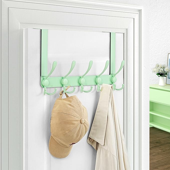 Dseap Over The Door Hook Hanger - Fits 1 3/8" to 1 3/4" Standard Doors | 5 Tri Hooks Heavy Duty Towel/Coat Rack | Door Organizer for Clothes, Jackets, Hats, Towels, Green, Pack of 2