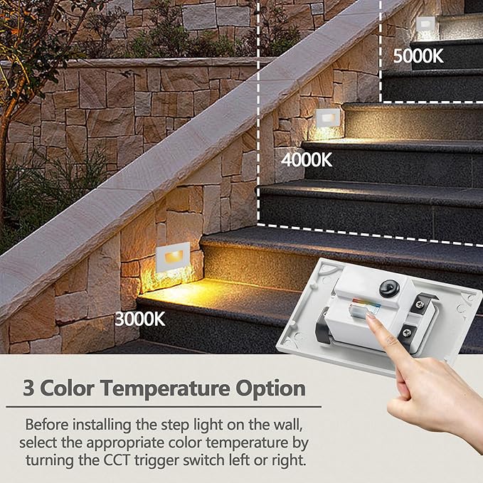 FTL Outdoor Step Lights LED Indoor Stair Lights, 3CCT 3000K/4000K/5000K Outdoor Deck Stair Light, 3.5W 150LM 12V Low Voltage Light for Steps, Waterproof White Aluminum Horizantal 4-Pack