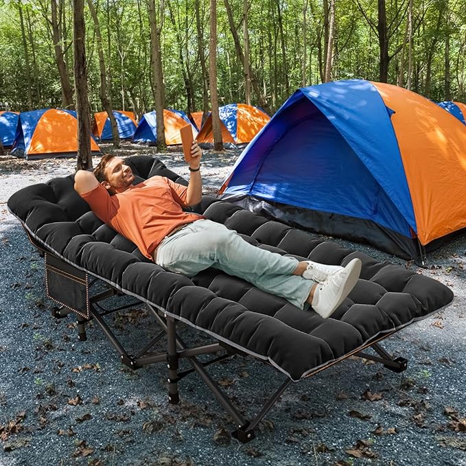 ABORON Oversized XXL Folding Camping Cot W/Mat for Adults, 78" L x 32" W x 18" H, Heavy Duty Outdoor Bed with Carry Bag,1200 D Layer Oxford Travel Camp Cots