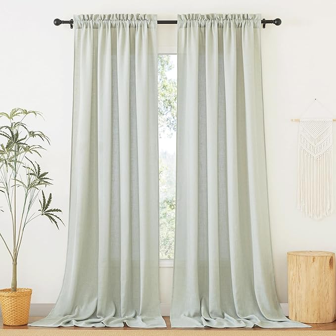 RYB HOME Thick Linen Curtains 102 inches Long, Wrinkle Resistance Semi Translucent Vertical Boho Linen Burlap for Living Room Kids Room Home Office, W 52 x L 102 inches, Sage Green, 2 Panels