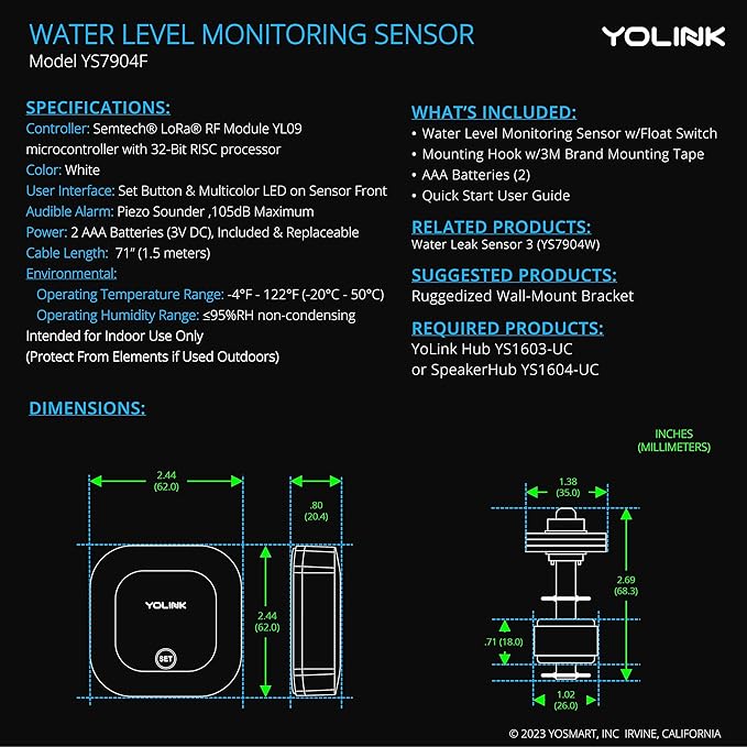 YoLink LoRa Water Level Monitoring Sensor Starter Kit: 1 YoLink Hub & Wireless Battery-Powered Float Switch Alarm, Sump Pump Alarm, AC Condensate Overflow, Tank Level, Toilet Leak Sensor, 105dB Siren