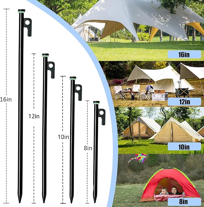 16 Pack Tent Stakes with Hammer, 8in Heavy Duty Tent Stakes + 10in Tent Stakes Hammer+Storage Pouch, Forged Steel Tent Stakes for Camping Used on Rocks(16Pcs 8in Tent Stakes and Hammer)