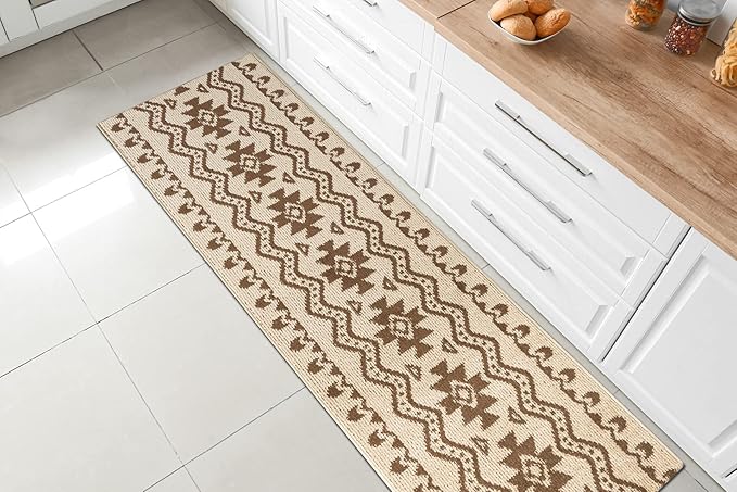 Custom Length Cut to Size Tribal Ethnic Southwestern Inspired Hallway Runner Rug, Non Slip Rubber Backed, 31 inch Wide X Customized Length, Aztec Beige, 31 inch X 9 feet