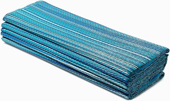 FH Home Outdoor Camping Rug - Waterproof, Fade Resistant, Reversible - Premium Recycled Plastic - Striped - Patio, Deck, Sunroom, RV - Havana - Turquoise - 5 x 8 ft Foldable