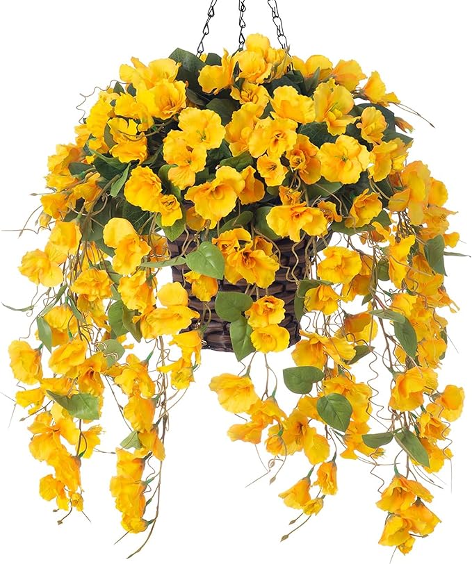 Artificial Hanging Flower Baskets for Fall Decoration, Outdoor Fake Plant Faux Silk Hibiscus Long Vines in Planter UV Resistant Realistic Flowers for Outside Porch Patio Home Decor, Yellow