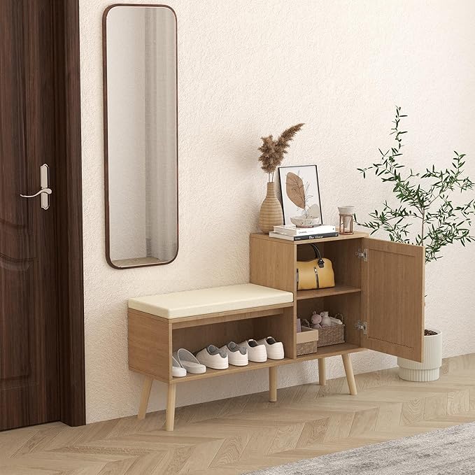 2-in-1 Shoe Storage Bench with Removable Seat Cushion, PP Rattan Shoe Cabinet with Rattan Doors, Modern Entryway Bench, Shoes Storage Organizer for Entryway Hallway Small Space, Natural