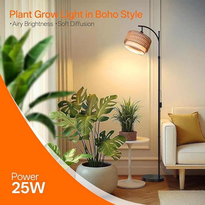 Bstrip 65-72.8 Inches Adjustable Grow Light for Indoor Plants, Boho Rattan & Fabric Shade Standing Grow Lamp, 25W 3000K Full Spectrum LED Plant Light with Auto On/Off Timer