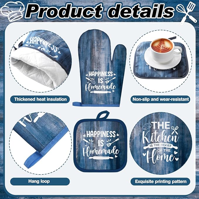 Fourluoo 10 Pcs Farmhouse Kitchen Decor and Accessories Set 4 Kitchen Towels 2 Pot Holders 2 Oven Mitts 2 Rugs for Cooking Baking Mom Housewarming Gifts(Blue,Classic Style)