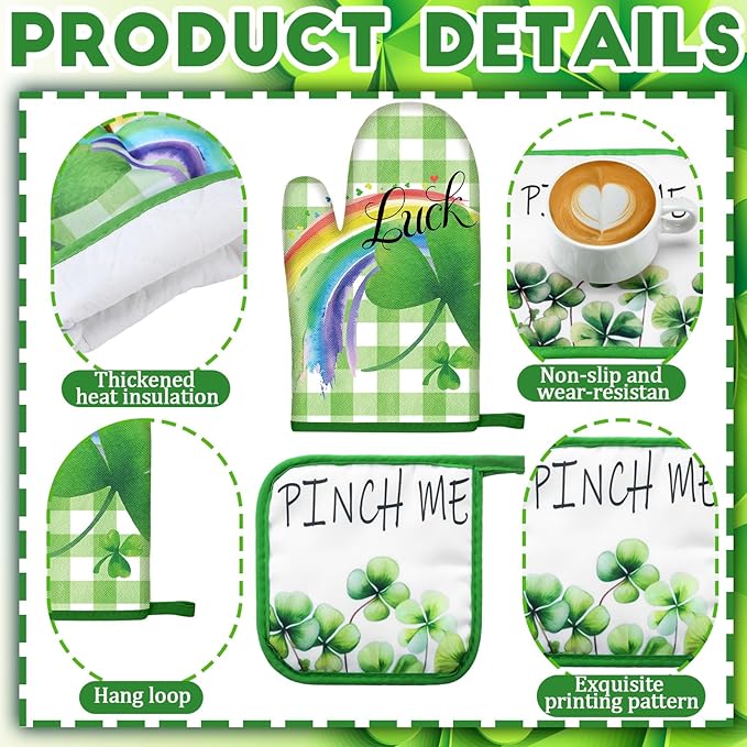 Fourluoo 10 Pcs St Patricks Day Kitchen Set Shamrocks Kitchen Towels and Rugs Oven Mitts and Pot Holders Irish Decor for Women Mom Gift Cooking Baking Grilling