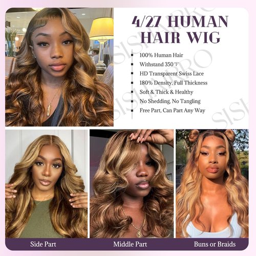 SISHAIRRO 4/27 Honey Blonde Ombre Lace Front Wig Human Hair 24 Inch Body Wave 13x6 HD Transparent Lace Pre Plucked Glueless 180% Density Natural Hairline