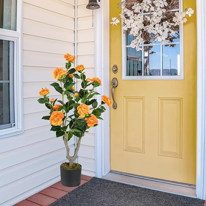 GOFLAME 3FT Artificial Camellia Tree, 2 Pack Faux Camellia Plant with Orange Flowers, Solid Wood Trunk, Realistic Moss, Greenery Potted Decoration Tree for Indoor Outdoor Home Porch Front Door